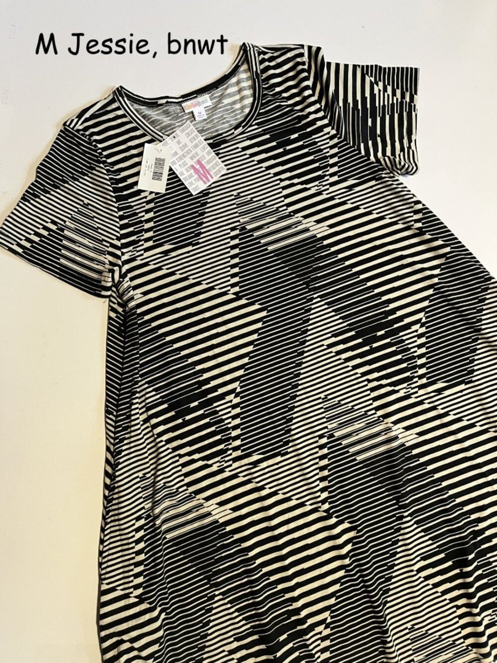 Medium Lularoe Jessie a-line dress, black and ivory stripes